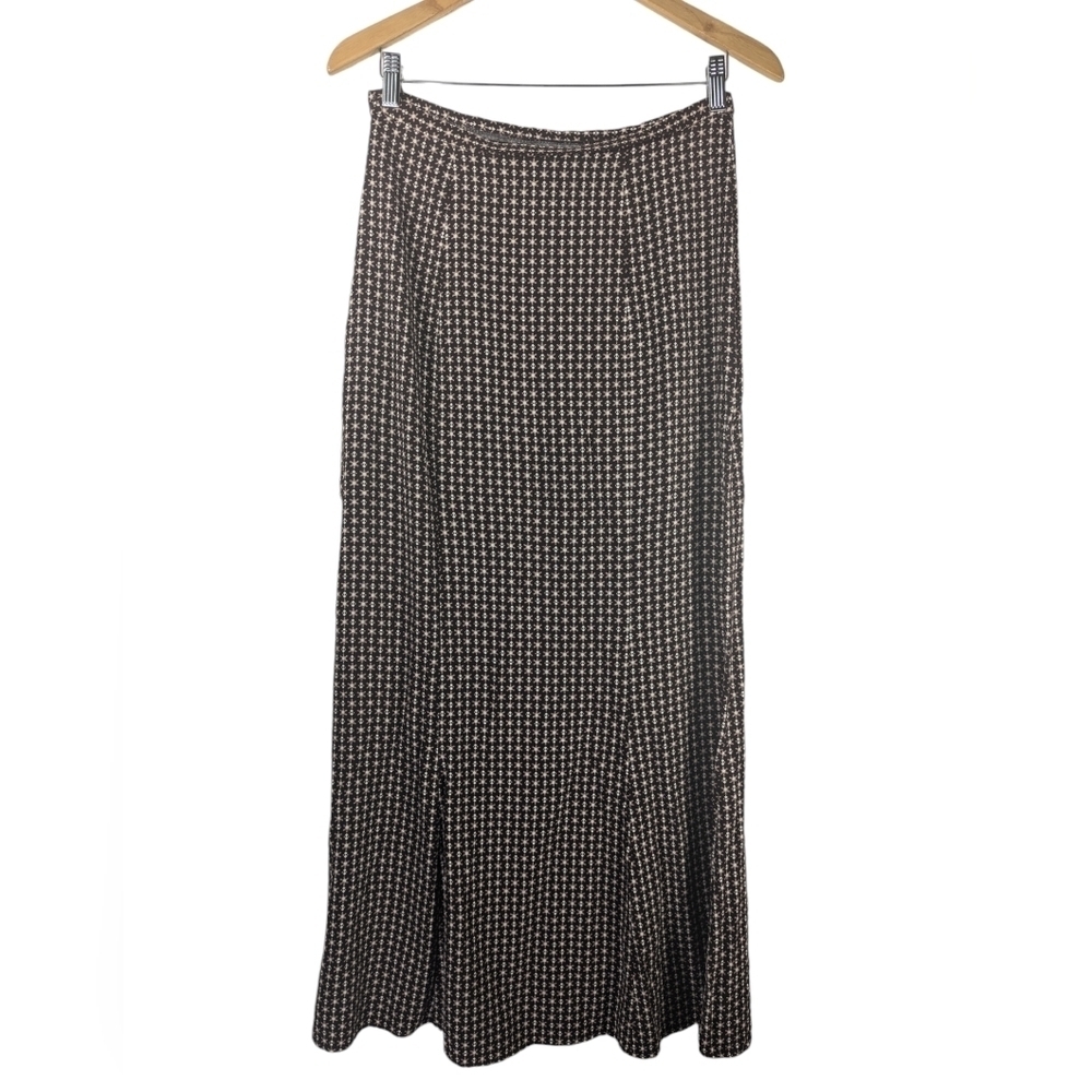 Vintage Lucia Lukken Brown Geometric Print Boho Broomstick Maxi Skirt Size M